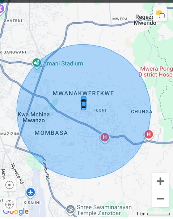Geofence drawn around a zone on the tracking app, with a vehicle icon inside it