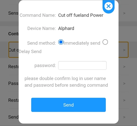 The remote fuel and power cut-off confirmation screen in the tracking app