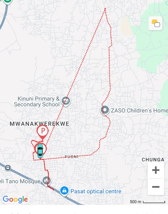 A vehicle's recorded route plotted as a dotted trail on the tracking app map